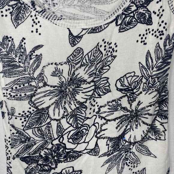 JASMINE KC Tank Top Floral Beaded Sequin Ribbed Stretchy Womens S White Black - Picture 7 of 9
